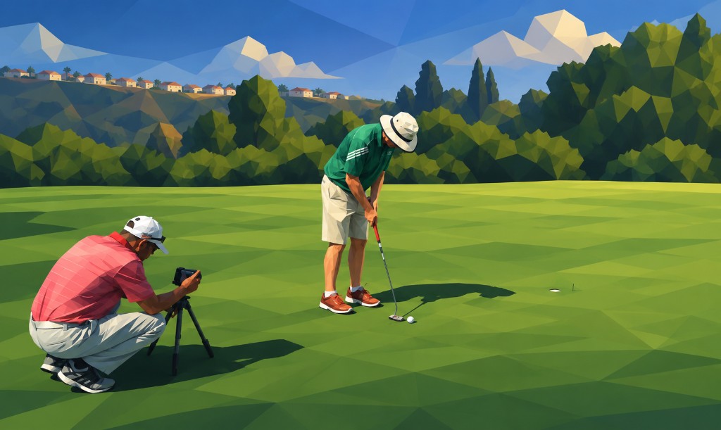 Golfer putting while a phone on a tripod records from behind the ball