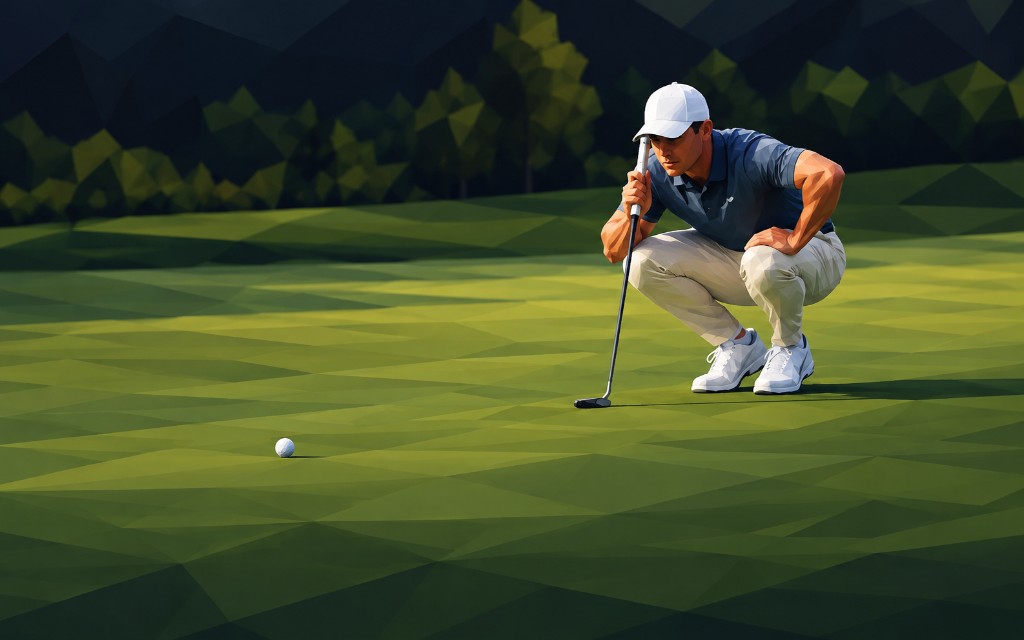 Golfer reading a putt on the green at dusk