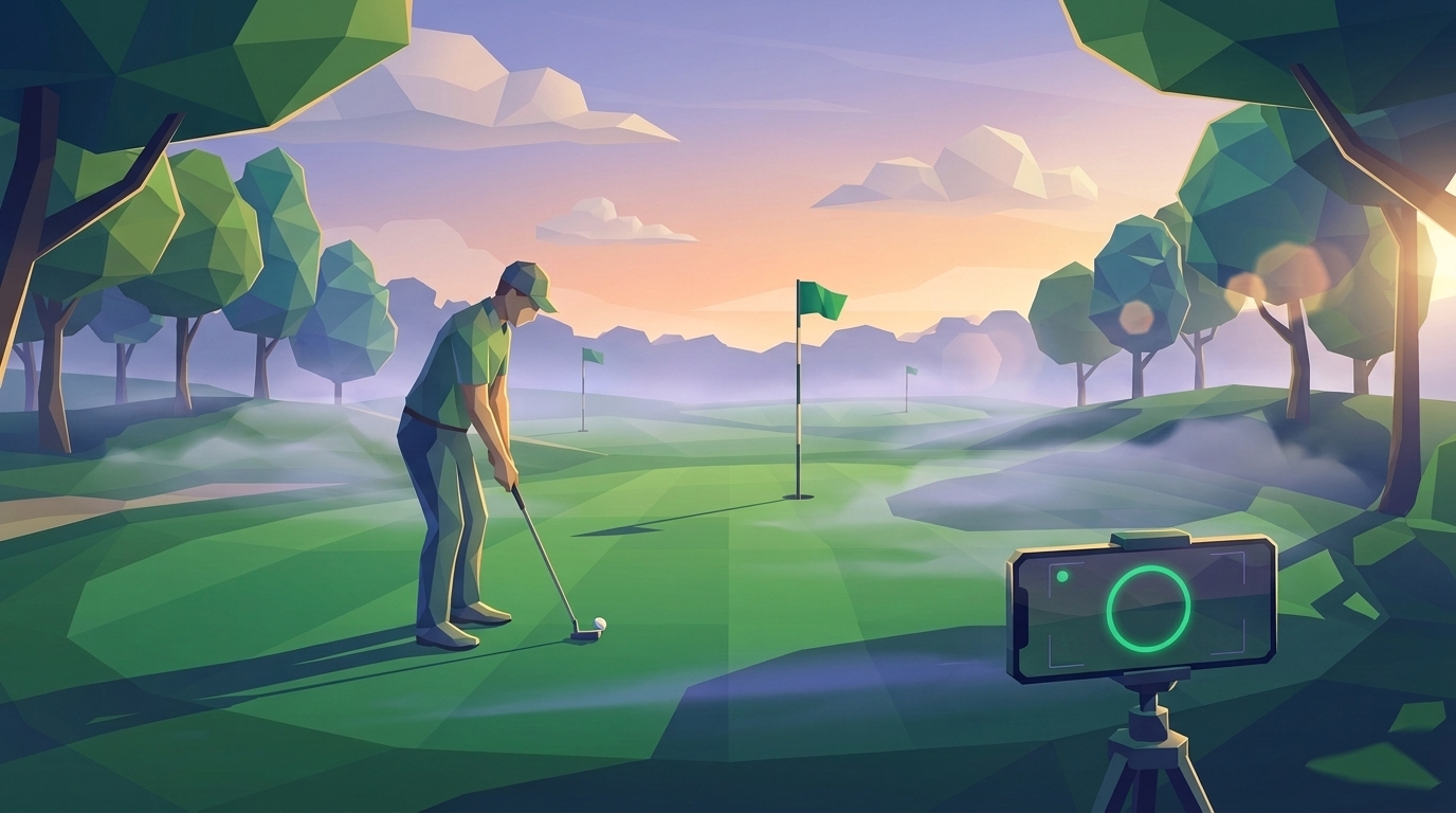 A phone on a small tripod recording a putt at dawn, with the Woosh capture interface visible on the screen