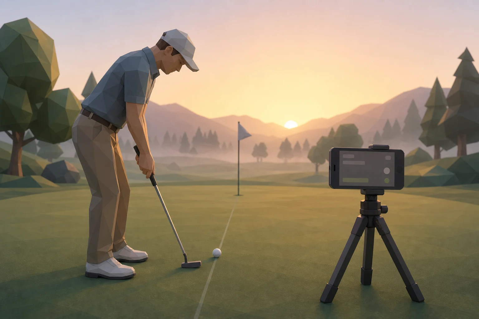 A phone on a small tripod recording a putt from behind the ball at dawn