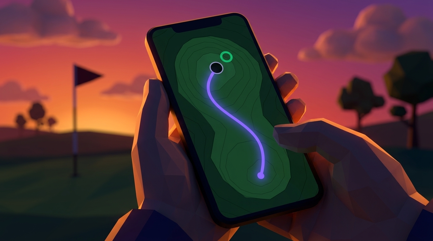 A phone at dusk showing the bird's-eye replay — a glowing violet trace curving from the start point to the cup