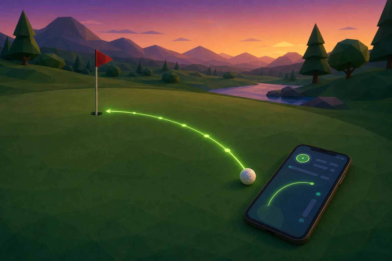 A phone showing a bird's-eye replay of a putt with a visible roll trace