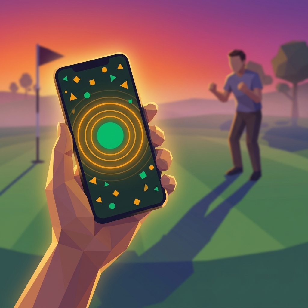 A phone screen glowing with a Woosh celebration — a soft amber halo, a green dot at center, scattered confetti shapes