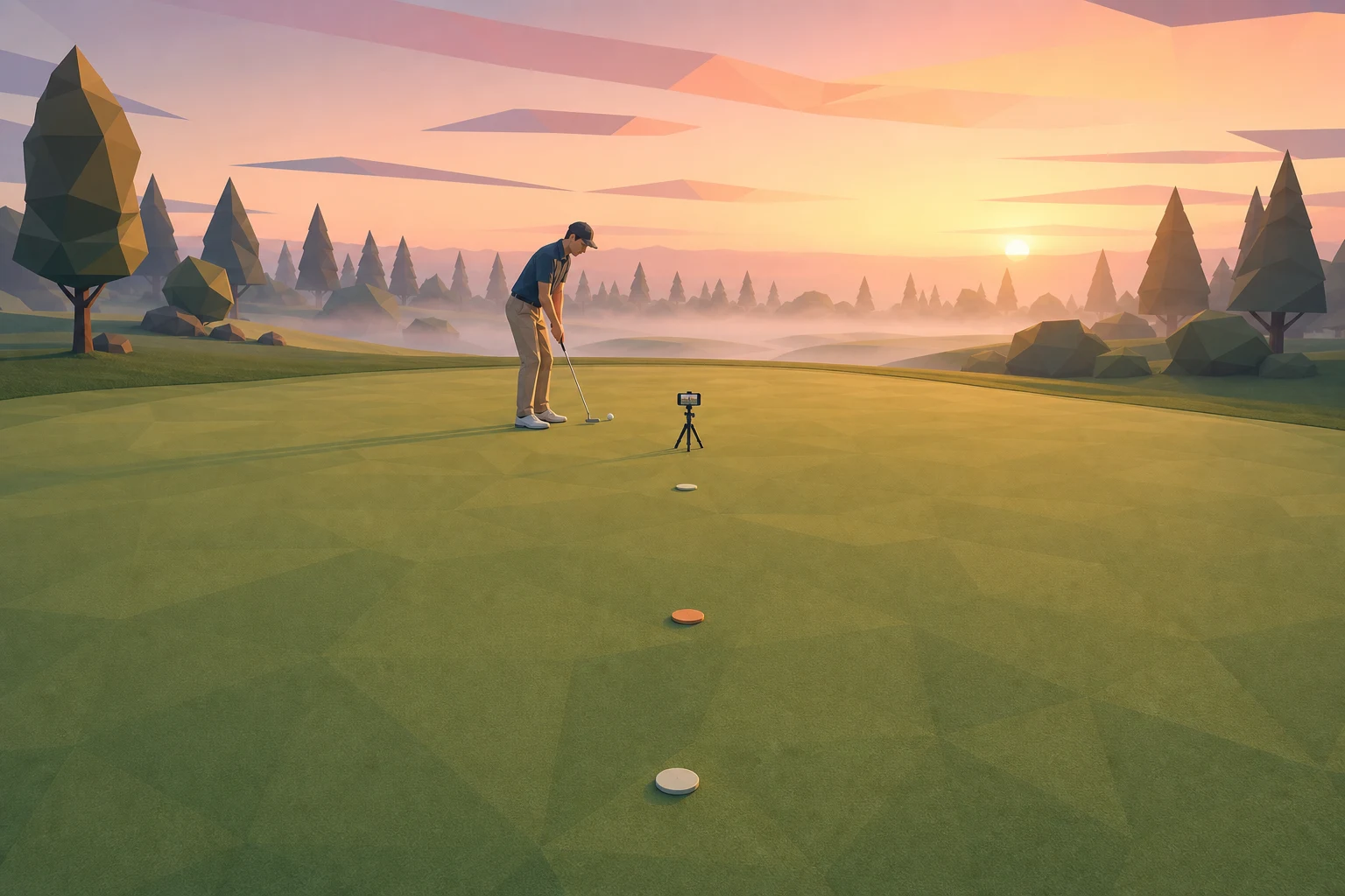 A golfer at dawn addressing a ball with a phone on a tripod recording behind it