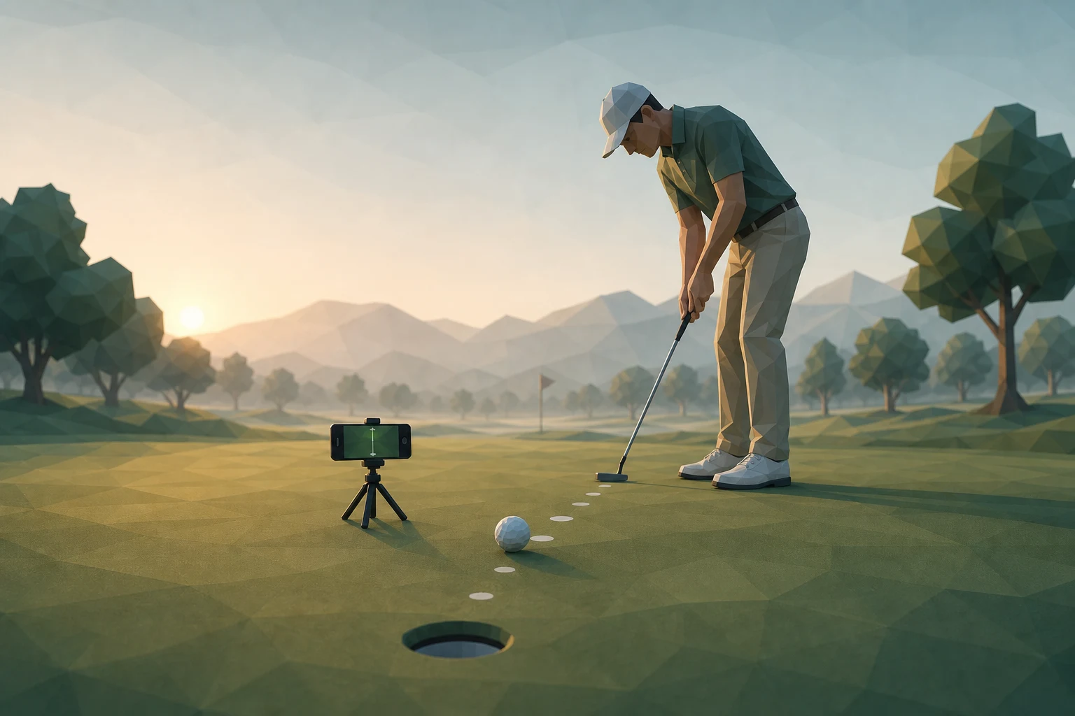 A golfer at dawn addressing a ball with a phone on a tripod recording behind it