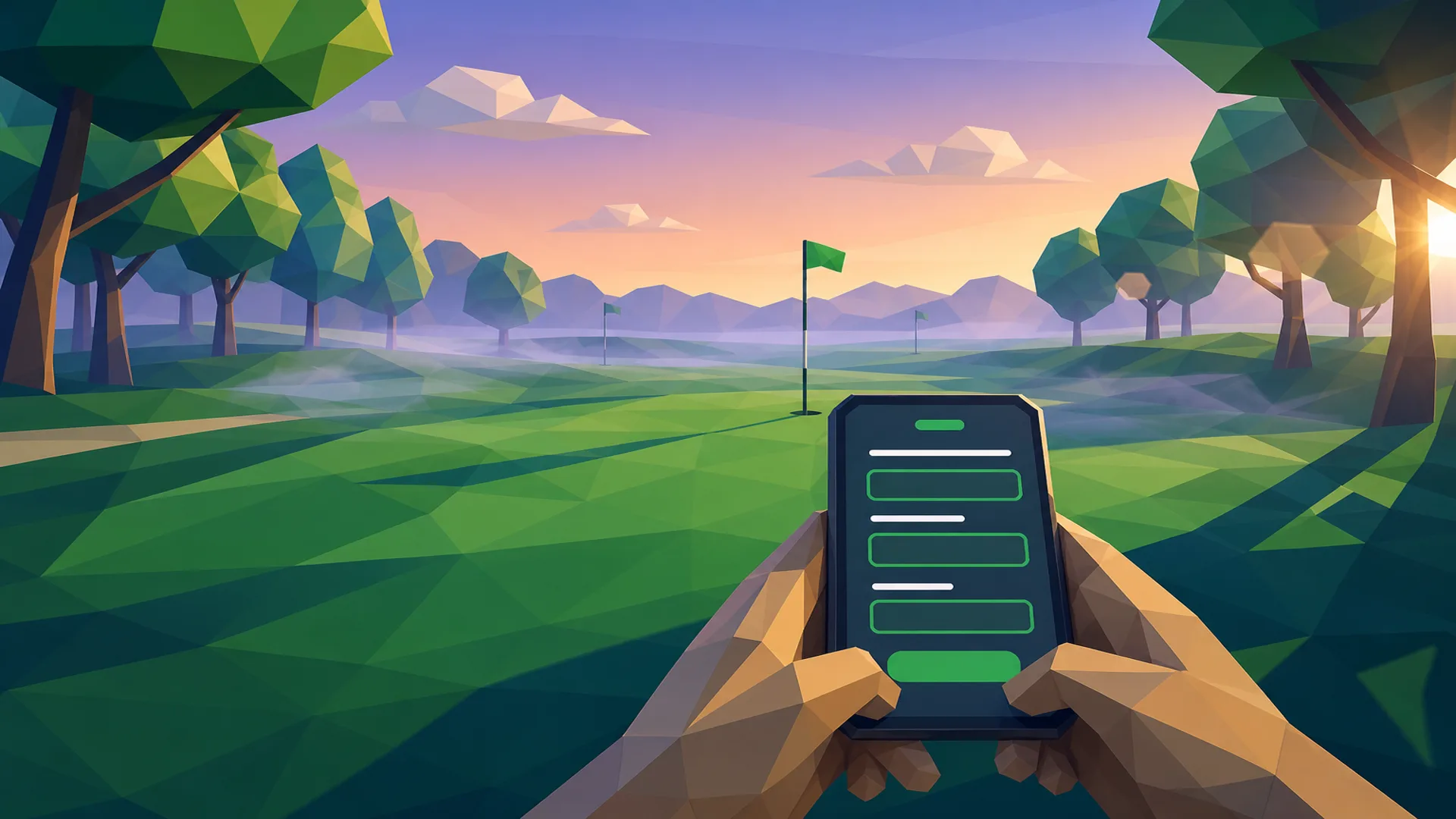 Hands holding a phone on a putting green at dawn with a simple sign-up screen