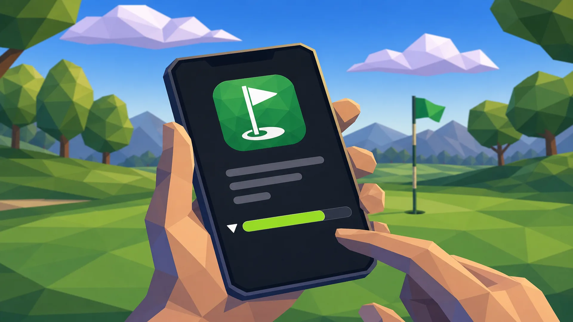 Low-poly illustration: phone on the practice green showing an app icon, placeholder title lines, and a green download progress bar with a small down-arrow