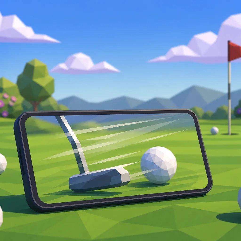 Stylized low-poly illustration of a phone on the grass showing only a paused slow-motion putt video, with no diagnostic UI