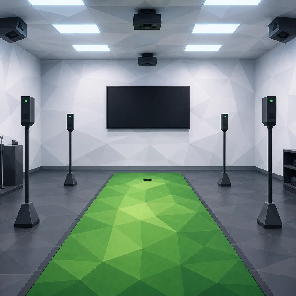 Stylized low-poly illustration of an indoor putting lab with sensors and a practice mat