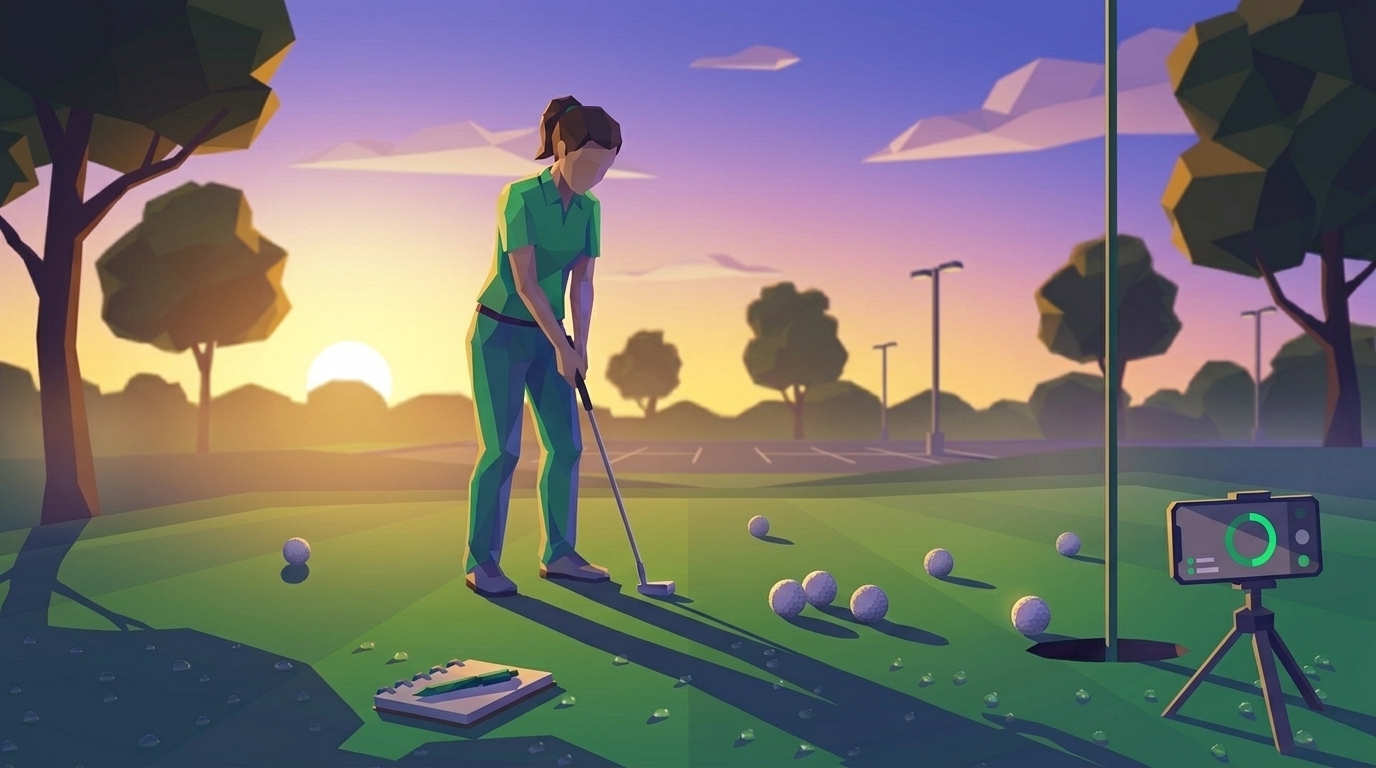 A solo practicer mid-routine on an empty practice green at late afternoon, putter in setup, a notebook on the grass and a phone on a small tripod nearby